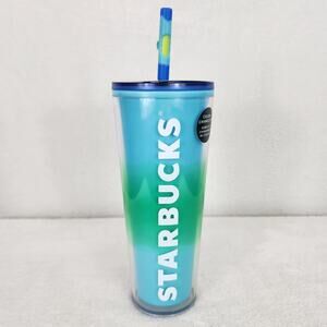 NWT Starbucks 2020 Color Change Blue Green Striped Venti Cold Cup W Straw Topper